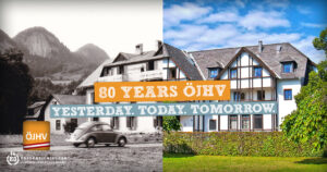 A historical black and white photo and a current color photo of the St. Gilgen youth hostel in direct comparison. Above it, the anniversary message "80 years of the Austrian Youth Hostel Association – Yesterday. Today. Tomorrow."