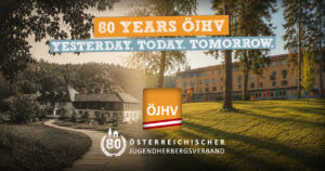 Anniversary motif for the 80th anniversary of the Austrian Youth Hostel Association with a historical and current image of the Velden Cap Wörth location and the slogan "Yesterday. Today. Tomorrow."