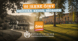 80 Jahre ÖJHV – Velden Cap Wörth Jubiläumsmotiv zum 80-jährigen Bestehen des Österreichischen Jugendherbergsverbandes mit historischem und aktuellem Bild des Standorts Velden Cap Wörth sowie dem Slogan „Gestern. Heute. Morgen.“