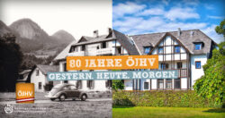 St. Gilgen im Wandel der Zeit Historisches Schwarzweißfoto und aktuelles Farbfoto der Jugendherberge St. Gilgen im direkten Vergleich. Darüber die Jubiläumsbotschaft „80 Jahre ÖJHV – Gestern. Heute. Morgen.“